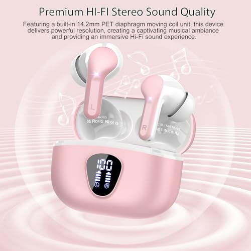 Wireless Earbuds, Bluetooth 5.4 Headphones HiFi Stereo, Bluetooth Earbuds with ENC Noise Cancelling Mic, IP7 Waterproof in Ear Earphones, 48H, LED Display Ear buds for Pad Phone Workout Sports, Pink - color: Pink