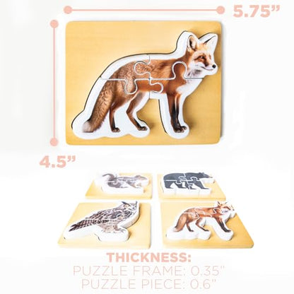 Wooden Montessori Animal Puzzles for Toddlers 2+ Years | Realistic Chunky Woodland Animal Shape Puzzle | Educational Learning Toy - Four-Piece Woodland Creature Puzzles