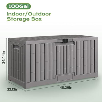 Jocoevol Deck Box 100 Gal, UV Resistant & Waterproof Outdoor Storage Box with Lock, Easy Assemble Storage Bins Container for Pool Patio Garden - size: 100Gal