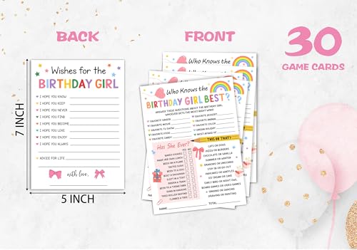 Birthday Party Card Games, Rainbow Pink Bow Themed Who Knows The Birthday Girl Best Game Cards, Wish For The Birthday Girl Games, Fun Sleepover Party Game For Kids Adults, 01 - color: Colorful Find The Guest Bingo