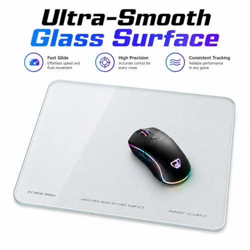 Tempered Glass Gaming Mouse Pad, Professional Esport Mouse Mat with Specialty Smooth & Silent Surface, Drop-Resistant Hard Desk Pad with 6 Anti-Slip Pads (Medium)