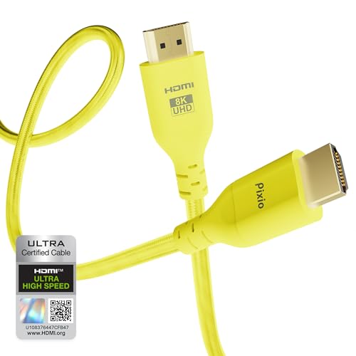 Pixio Yellow 8K HDMI 2.1 Cable Ultra Certified Ultra High Speed 6FT 8K 60Hz 4K 120Hz Nylon Braided, Gold Plated Connector, Anti-Breakage, HDR10+, dtsx, eARC, HDCP, Dolby Compatible - color: Yellow, size: 6 ft