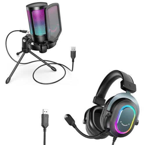 FIFINE Gaming USB Microphone with Headset Bundle for PS5, PC Condenser Mic with Quick Mute, RGB, Gain Control for Streaming, Wired Headphones with Microphone Set with EQ Mode, Soft Ear Pads (A6V+H6)