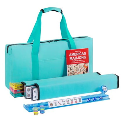 American Mahjong Tile Set, 166 White Tiles, 4 All-in-One Colors Rack/Pushers, Complete Travel Mahjong Set with Light Green Carrying Bag - color: Light Green