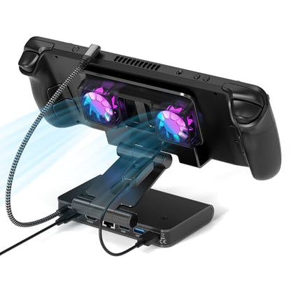 Adjustable Stand Steam Deck Docking Station with RGB Light Cooling Fan, 4K@60Hz, PD100W, Gigabit Ethernet Fit and HDMI for Steam Deck/ROG Ally X/Legion Go (S)/MSI Claw/Switch - size: Steam deck cooling dock