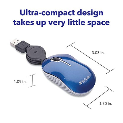 Verbatim Wired Optical Computer Mini USB-A Mouse - Plug & Play Corded Small Travel Mouse with Retractable Cable – Blue 98616 - color: BLUE