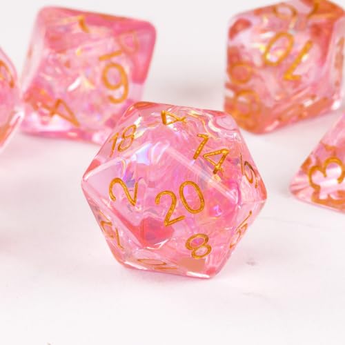 UDIXI DND Dice Set Pink Polyhedral Dice Set Sparkling Inclusions for D&D | Resin Material, Velvet Storage Bag, DM Gift, for Dungeons and Dragons Role Playing Games Tabletop Games - color: Pink