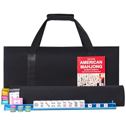 American Mahjong Game Set, 166 Premium White Tiles, 4 All-in-One Color Rack/Pushers, Classic Complete Mahjong Tile Set with Black Carrying Bag - color: Black