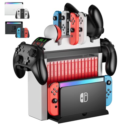 Switch Organizer with Controller Charging Station, ZAONOOL Charger Stand for Nintendo Switch/OLED Joycon and Pro Controller, Accessories Storage Tower for Console, Games and Dock