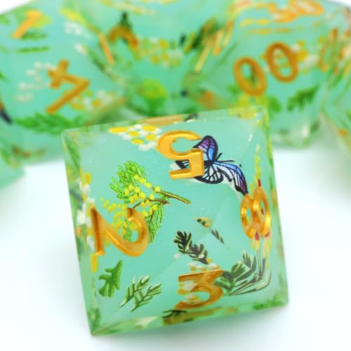 XENOLUX Polyhedral Resin DND Dice Set for RPG and Board Games, Clear with Internal Butterfly and Yellow Flowers, 7 Pieces in Tin Box (L17) - color: L17