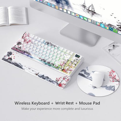 Womier 75% Wireless Mechanical Keyboard with Color Multimedia Screen | Gaming Creamy Keyboard, Theme 3-Modes Hot Swappable Key board w/Wrist Rest,SK80 PRO Gasket RGB Custom for Mac/Win,Red Plum - color: White