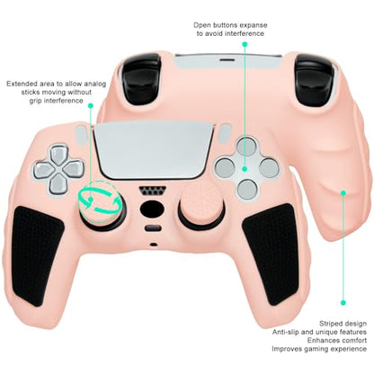 Anti-Slip Peach Pink PS5 Controller Skin,Soft Thicken Studded Protective Silicone Cover Skin Grips Compatible with PS5/Slim/Pro Controller and 8 PCS Thumb Grips Caps. - color: Peach Pink & Black