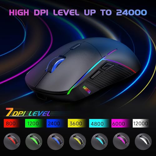 FFJ Wireless Gaming Mouse, 24000 DPI, Rechargeable Gaming Mice for PC, Mac | Tri-Mode 2.4G/USB-C/Bluetooth 5.3 Gaming Mouse Wireless, RGB Programmable Mouse Gamer, 75Hrs Battery Life, Black