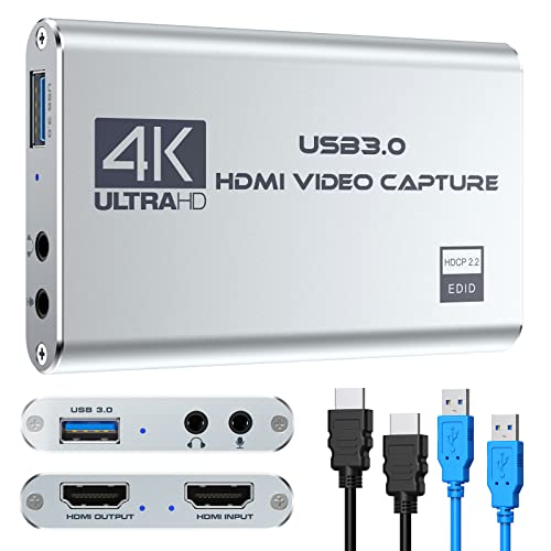 Video Capture Card 4K 1080P 60FPS, USB 3.0 HDMI Video Capture Device, HD Game Capture Card for Streaming, Work with PS4/PS5/Xbox/PC/Mac Windows 10/11 - color: Silver