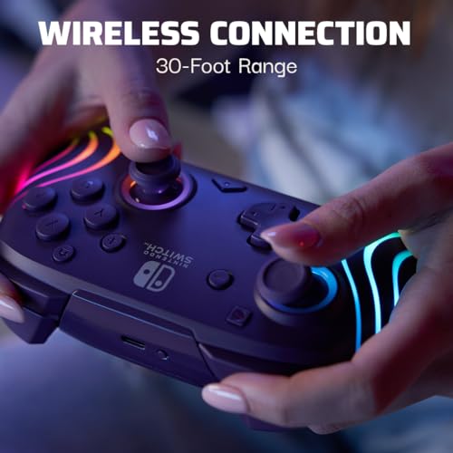 PDP Afterglow Wave Wireless Nintendo Switch Pro Controller with Motion Controls, Fully Licensed for Switch/OLED, Customizable LED Lighting, 30 Foot Range, 20 Hour Rechargeable Battery Power: Purple (Renewed)