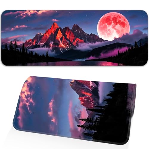 Mouse Pad, Gaming Mouse Pad, Large Laptop Pad, Waterproof and Non-Slip, Gaming Office Sewn Desk Pad, 31.5x11.8 Inch Extended, Moon Mountain - color: Moon mountain scenery