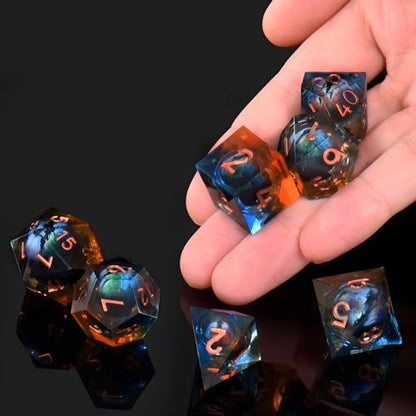 Dragon Eye DND Dice Set, 7 Pcs Liquid Core Resin Sharp Edged Polyhedral D&D Dice for Dungeons and Dragons RPG Role Playing Table Games