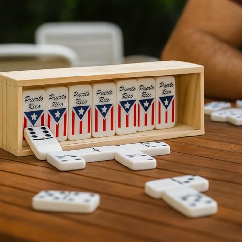 Puerto Rico Flag Dominoes, Double Six Wooden Domino Set with 28 Tiles, Classic Board Game for Kids and Adults, Wood Storage Case