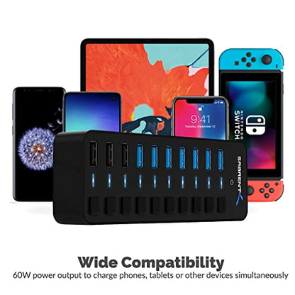 SABRENT 10-Port Powered USB 3.0 Hub, 3 Charging Ports, 60W (HB-B7C3) | Individual power switches & LEDs; for PC, Mac, Xbox, PS5, laptop, desktop - size: 10-Port - 7 USB 3.0 + 3 Charging