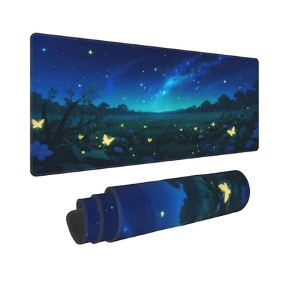 XXL Gaming Mouse Pad 23.6x11.8 inch,Dazzling Starry Sky Landscape Theme Desk Mat,Glowing Butterfly Flower Scene Large Mousepad,Fantasy Artistic Keyboard Mouse Mat (Deep Indigo Starry Sky) - color: Deep Indigo Starry Sky