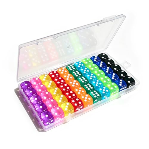 50 Pieces Dice Set, 14mm 6 Sided Colored Dice with Plastic Storage Box | High Quality Standard Color Dice for Board Games, Teaching Math, Party Games