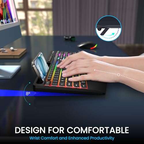 2200mAh RGB Backlit Wireless Keyboard & Mouse, 2.4G Silent Rechargeable | Full-Sized Ergonomic Combo With Wrist Rest, Phone Holder, Auto Sleep Mode, Compatible With Windows, Mac, PC, Laptop,LIZRROT