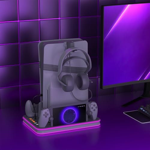 PS5 Pro Cooling Station, Portal Charger, Dual Controller Dock & RGB Lights | Magnetic Portal dock and dual controller chargers show status; set console USB power to Always for charging in rest mode - color: Gray