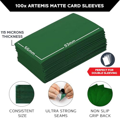 Quiver Time Deck Box 100+ & 100 Artemis Green Sleeves Bundle | 1 deck box 100+ with 2 dividers and 100 Artemis green sleeves (66 x 93 mm), for MTG and other TCG - color: Green, size: 100+ (with sleeves)
