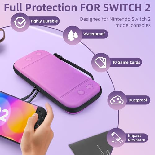 BRHE Switch 2 Carry Case Compatible with Nintendo Switch 2 Console,Large Capacity Switch 2 Case, Portable Hard NS 2 Travel Bag for Console & Accessories, 10 Game Card Slots (Purple Gradient) - color: Purple Gradient