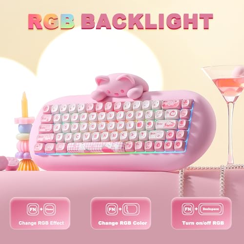YUNZII C68 Silicone Cute Cat Mechanical Keyboard (Pink, Milk Switch) | Wireless Triple Mode BT5.0/2.4G/Wired, RGB Backlit NKRO, Cute Cat Silicone Ergonomic Design for Win/Mac - color: Pink, size: Milk Switch