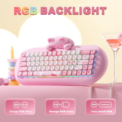 YUNZII C68 Silicone Cute Cat Mechanical Keyboard (Pink, Milk Switch) | Wireless Triple Mode BT5.0/2.4G/Wired, RGB Backlit NKRO, Cute Cat Silicone Ergonomic Design for Win/Mac - color: Pink, size: Milk Switch
