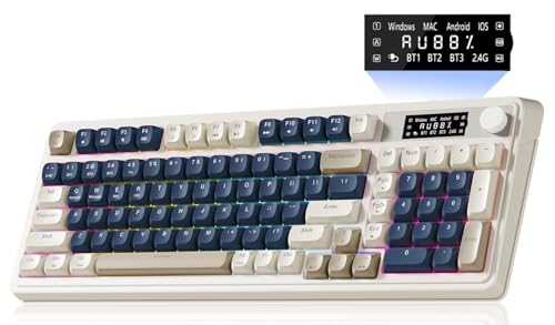 AULA S99 Pro Wireless Keyboard, Gaming Keyboards Media Knob Custom RGB Backlit, 3-Modes BT/2.4G/USB-C Membrane Cute Creamy Keyboard for Windows/MAC/PC Gamer - Blue White - color: Blue White