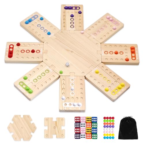 Wooden Board Game, Family Party Game for 2 to 8 Players, Includes 3 Hubs, 32 Marbles and 16 Dice
