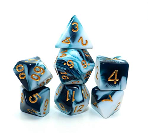 D&D Dice Set Teal White Dice for Dungeon and Dragons DND 7-Die RPG Dice D20 D12 D% D10 D8 D6 D4 - color: Teal Mixed White