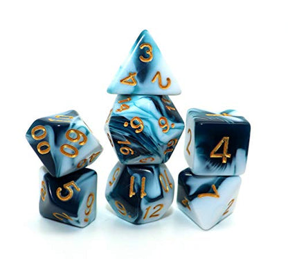 D&D Dice Set Teal White Dice for Dungeon and Dragons DND 7-Die RPG Dice D20 D12 D% D10 D8 D6 D4 - color: Teal Mixed White