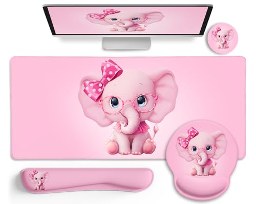 LIMKRIAN Elephant Mouse Pad Large Desk Mat Set, Kawaii Pink Desk Decor | Ergonomic Mouse Pad Wrist Rest, XXL Computer Mat Keyboard Wrist Support, Coaster, Elephant Office Supplies Desk Accessories - color: XXL-Pink Elephant