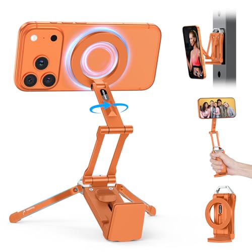 OMOTON 360°Rotating Adjustable Aluminum for MagSafe Tripod Mount, Orange | Magnetic Phone Tripod for iPhone 17/16/15 Pro Max Air, Foldable Cell Phone Stand Fits Vlog, Gym Travel Essentials Accessories - color: 4-Orange
