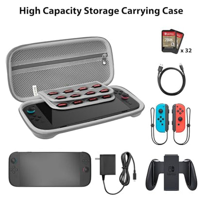 RAVEtone Travel Carrying Case Compatible with Nintendo Switch 2 Model 2025, Large Capacity Premium EVA Portable Hard Shell Pouch Waterproof Game Bag with 32 Game Cartridge Accessories (Gray) - color: Gray, style: Large