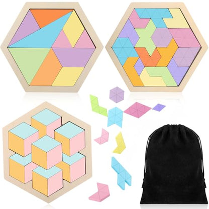 Yunsailing 3 Pack Large Wooden Blocks Puzzles Hexagon Tangram Puzzle Wooden Russian Brain Puzzles for Adult Challenge Teasers Geometric Jigsaw Logic Iq STEM Educational Gift Graduation(Fresh) - style: Fresh