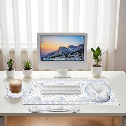Blue Rose Desk Mat Set White Floral Large Mouse Pad with Wrist Rest 4in1 Desk Mat for Desktop Ergonomic Computer Desk Arm Wrist Anti-Slip Computer Ergonomic Mouse Pad Home Office Gaming - color: Blue Rose