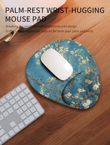 Palm-Rest and Wrist-Hugging Mouse Pad Wrist Rest, Ergonomic Wrist Support with Curve Fitting Cushioned Memory Foam for Carpal Tunnel Pain Relief, 9.9 x 8.3 Inch, Van Gogh Apricot Blossom - color: Van Gogh Apricot Blossom