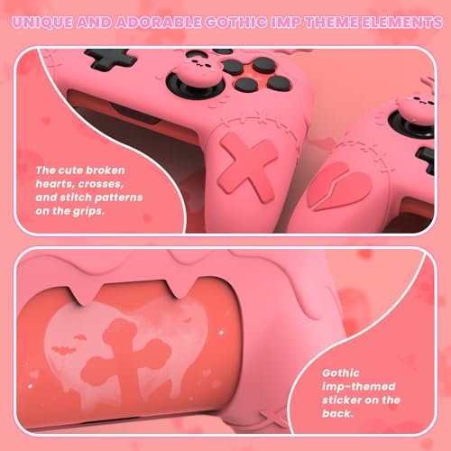 playvital Gothic Imp Series Cute Silicone Case for Nintendo Switch Pro Controller with 4 Thumb Grip & 2 Sticker, Non-Slip Anti-Scratch Protective Silicone Skin Cover - Peach Pink - color: Peach Pink