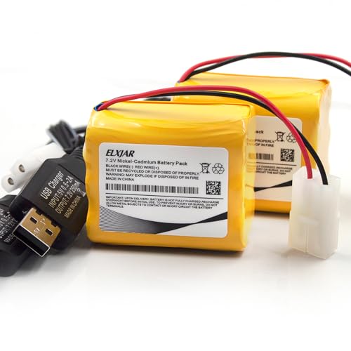(2-Pack) 7.2V 800mAh RC Battery with USB Charger for RC Cars and Trucks | 6-cell AA Ni-CD battery with standard Tamiya plug for compatible RC cars, trucks, boats, tanks and toy vehicles.