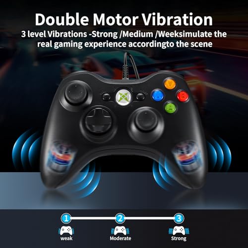 NBCP Wired Controller – Compatible with Xbox 360, Xbox 360 Slim & PC Windows 7/8/10, with Dual Vibration Feedback, Ergonomic Design for Gaming - color: Black for Xbox 360