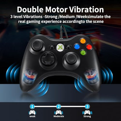 NBCP Wired Controller – Compatible with Xbox 360, Xbox 360 Slim & PC Windows 7/8/10, with Dual Vibration Feedback, Ergonomic Design for Gaming - color: Black for Xbox 360