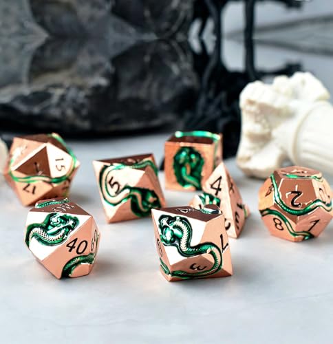 RULE DICE Serpent's Embrace Metal DND Dice Set - 7pc Polyhedral D&D Dice for TTRPGs Like Dungeons and Dragons and Pathfinder - Emerald Green Snake Design, Heavy & Balanced for Tabletop Gaming - color: Ld-rose Gold