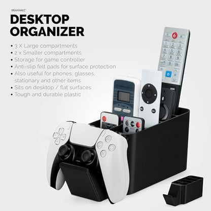 BRAINWAVZ Game Controller, Remote Control Holder & Pen Organizer, Ideal for Side Tables & Desktops (For 3 to 5 Remotes, 1 Game Controller, Pens & Stationery) - color: Controller, Remotes & Stationary Black