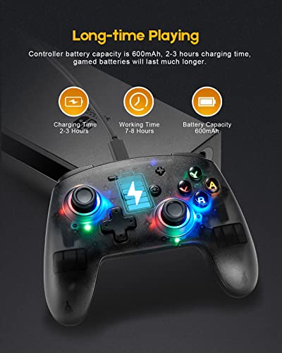 Switch Controller, 9 LED Colors, Pro Controller Compatible with Switch/Switch Lite, Wireless Gamepad with Back Buttons/Programmable/Motion Control/Dual Vibration/Turbo/Transparent