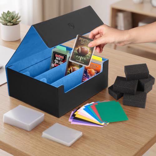 Trading Card Storage Box, Holds 1800 Sleeved Card, PU Magnetic Closure | 200 Toploaders and 600 Penny Sleeves INCLUDED, 10 Dividers and 6 Foam Stoppers INCLUDED, Fit for MTG, TCG and Sports Cards - color: Black and Blue