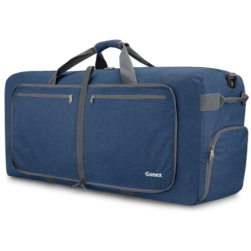 Gonex Large Foldable Travel Duffle Bag with Shoes Compartment, Packable Lightweight Water Repellent Duffel Bag for Camping Gym Weekender Bag - color: Dark Blue, size: 80L